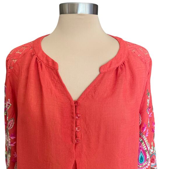Christopher & Banks Orange Paisley Embroidered Top Sleeves Lace Shoulder LARGE - Picture 2 of 10